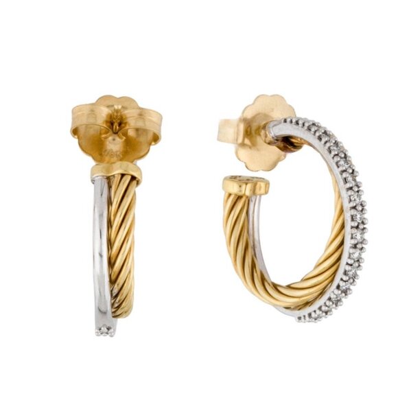 DAVID YURMAN 18K YELLOW GOLD & WHITE GOLD DIAMOND 0.51 CROSSOVER HOOP EARRINGS - Picture 5 of 7